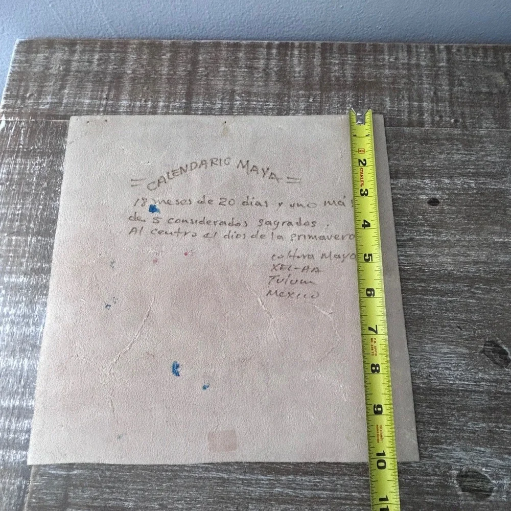 Vintage Mayan Hand Painted Calendar on Suede Signed Mexico Tribal Art Decor